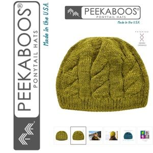 Peekaboos ponytail cable knit beanie hat green